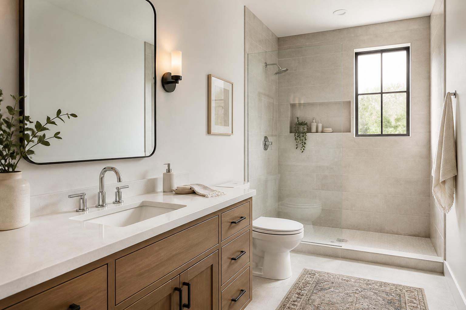 Modern bathroom with polished faucet and clean tile finishes.