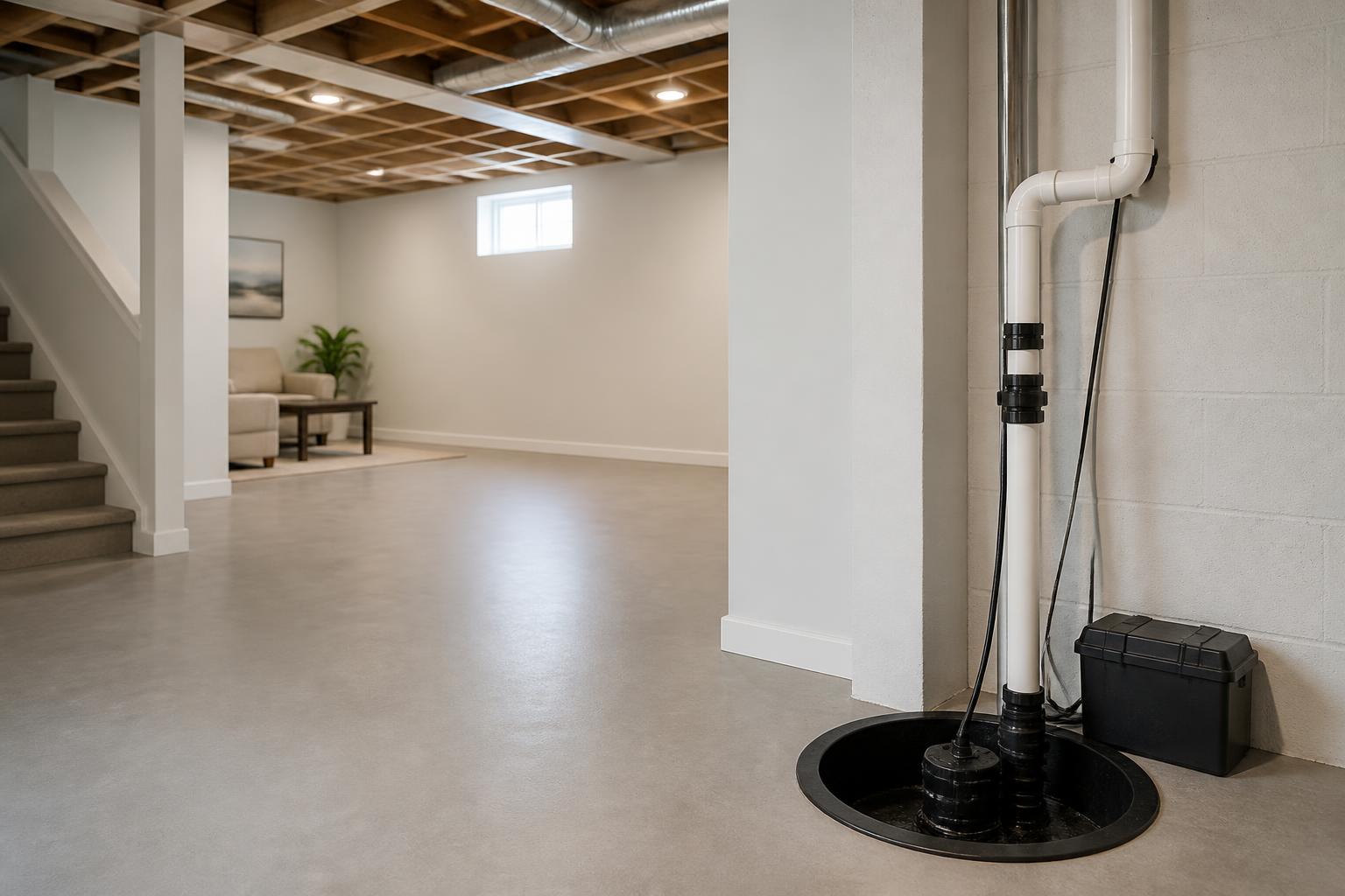 Finished basement utility area with a sump pump setup.