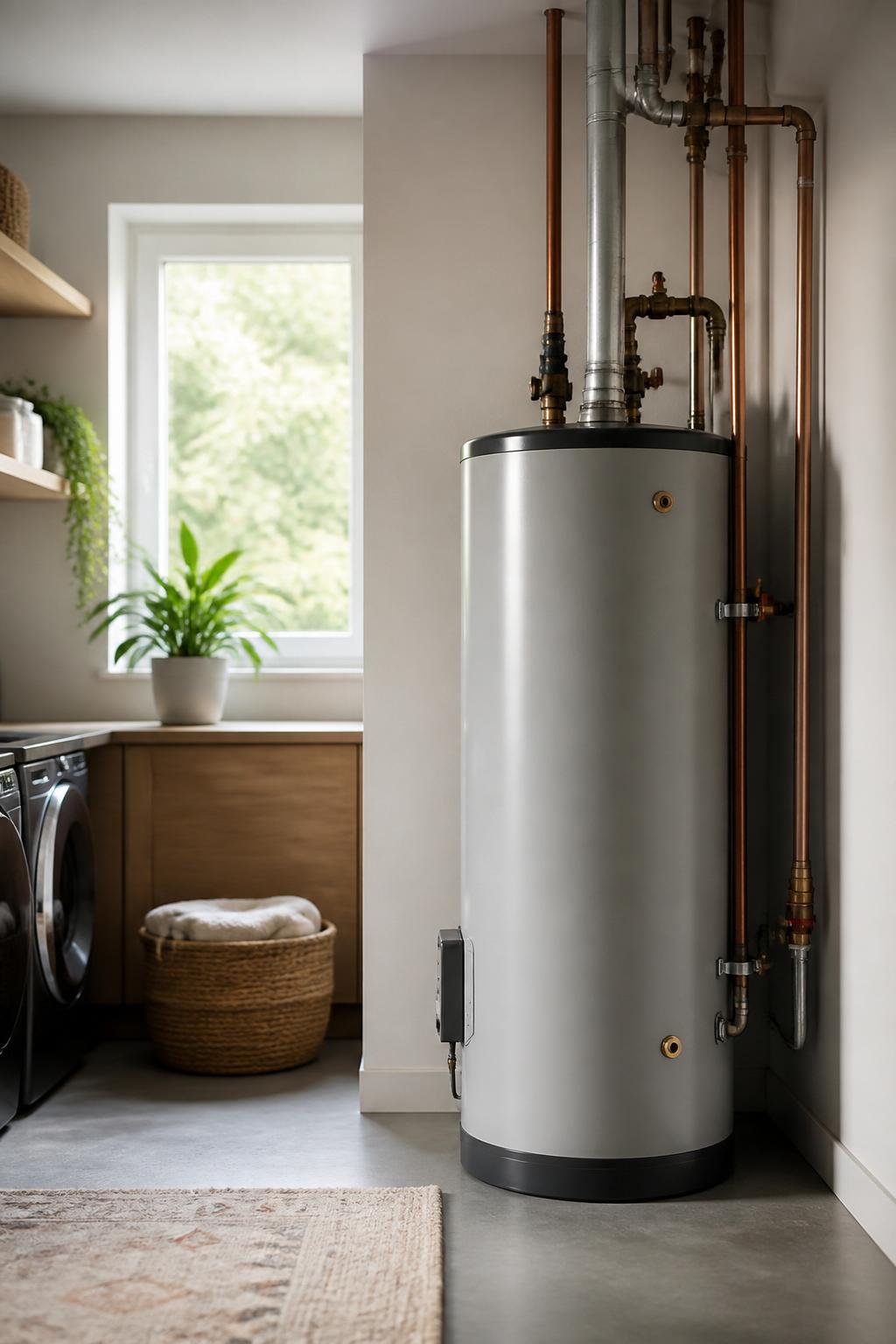 Modern utility room with a neatly installed water heater and piping.